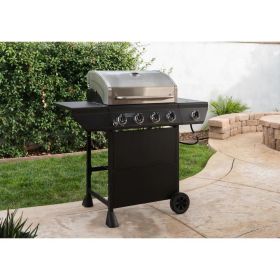 Black 4 Burner Propane Gas Grill with Side Burners and Stainless Steel Main Cover