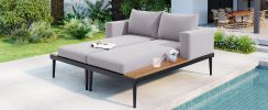 TOPMAX Modern Outdoor Daybed Patio Metal Daybed with Wood Topped Side Spaces for Drinks, 2 in 1 Padded Chaise Lounges for Poolside, Balcony, Deck, Gra