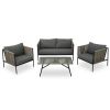 GO 4-Piece Rope Sofa Set with Thick Cushions and Toughened Glass Table, All-Weather Patio Furniture Set For 4 Person With Loveseat, Gray