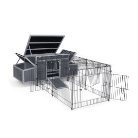 Outdoor Wood Chicken Coop with Wire Mesh Run, Nesting Boxes, Large Poultry House for 3-4 Chickens, Gray and Black (Color: Gray + Black)