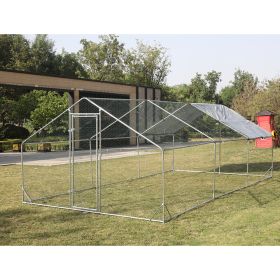 Large Metal Chicken Coop Walk-in Poultry Cage Hen Run House Rabbits Habitat Cage Spire Shaped Coop with Waterproof and Anti-Ultraviolet Cover (9.8\' L (Color: Silver)