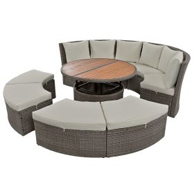 TOPMAX Patio 5-Piece Round Rattan Sectional Sofa Set All-Weather PE Wicker Sunbed Daybed with Round Liftable Table and Washable Cushions for Outdoor B (Color: as Pic)