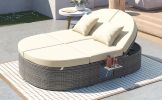 TOPMAX Outdoor Sun Bed Patio 2-Person Daybed with Cushions and Pillows, Rattan Garden Reclining Chaise Lounge with Adjustable Backrests and Foldable C