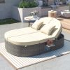 TOPMAX Outdoor Sun Bed Patio 2-Person Daybed with Cushions and Pillows, Rattan Garden Reclining Chaise Lounge with Adjustable Backrests and Foldable C